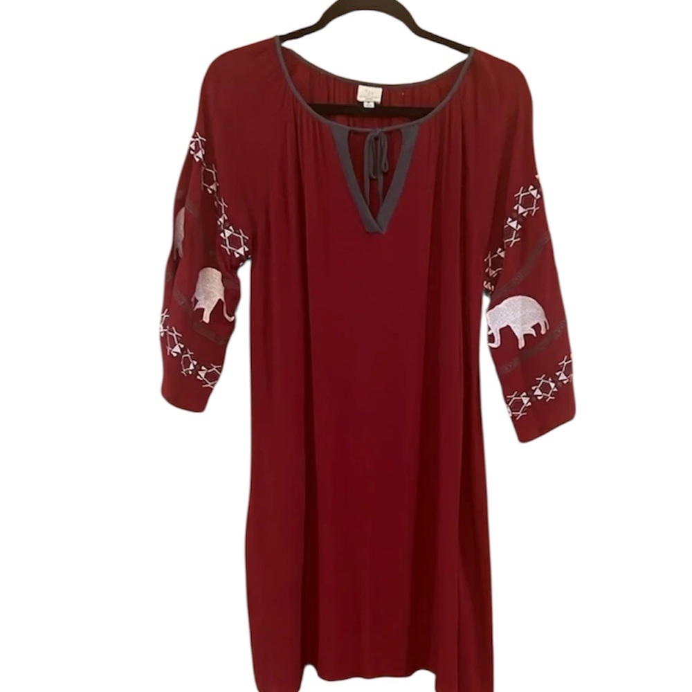 Pink Owl Boho Burgundy Dress w/ elephant embroidered Sleeves Size Medium